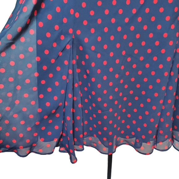 Chaps | Midi skirt solid lined sheer flare navy blue red polka dots size S - Picture 6 of 8